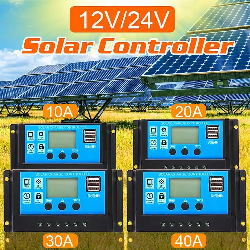 

PWM 10/20/30/40A Solar Charge Controller Dual USB LCD Display 12V 24V Auto Solar Cell Panel Charger Regulator with Load