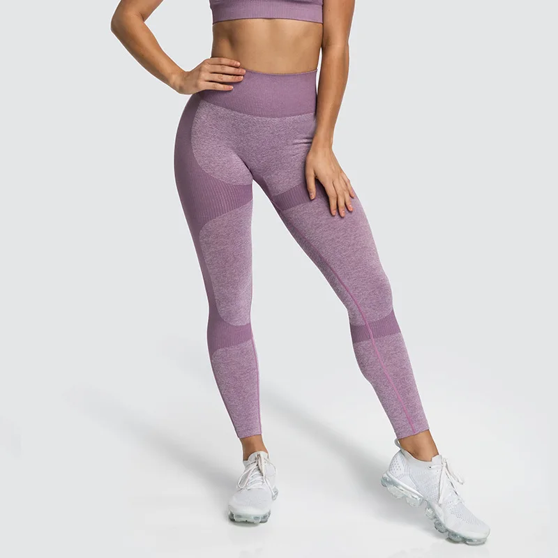 Бесшовные Лоскутные женские фитнес леггинсы с пуш-ап высокой талией эластичные леггинсы для тренировок Модные женские фиолетовые леггинсы