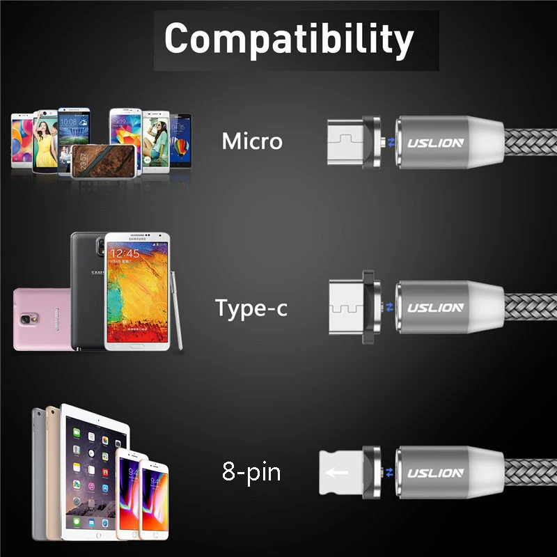 USLION 2 м Магнитный кабель для быстрой зарядки Micro usb type C зарядное устройство для iPhone XS X 8 7 samsung S10 9 магнит Android телефонный кабель 3 м