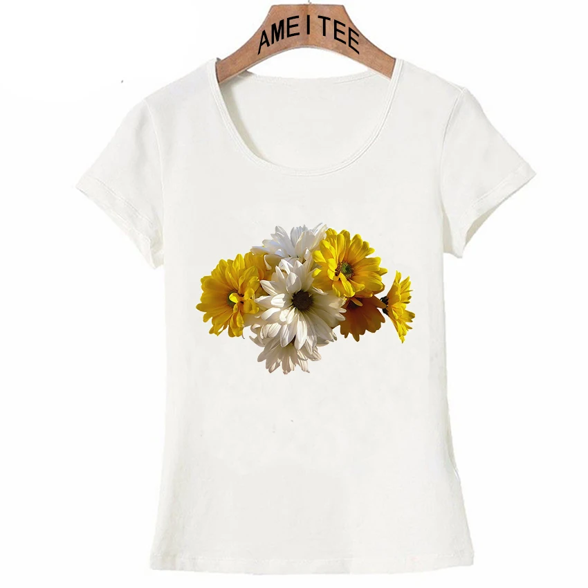 New Fashion Women T Shirt Beautiful White and Yellow Daisies Print T