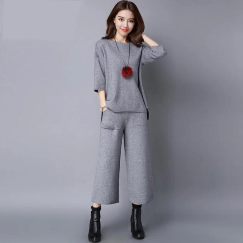 

Women Set 2018 Spring & Autumn Fashion Sweater Knit Suit Pullover Sweater + Wide Leg Pants Casual Two-piece Knitwear