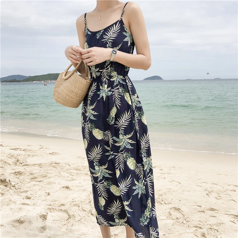 

Summer Women Floral Long Dress Sling Waist Dresses Female V-neck Sleeveless Beach Maxi Dress