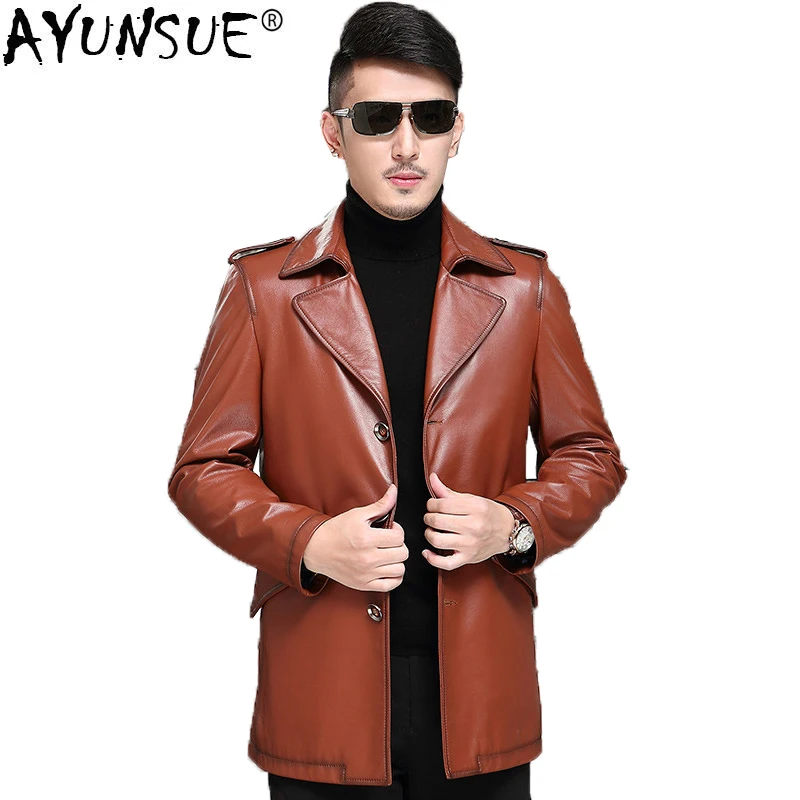 

AYUNSUE Genuine Leather Jacket Men Spring Real Cow Leather Coat Windbreaker Long Cowhide Leather Jacket and Coat 07-9979 KJ1384