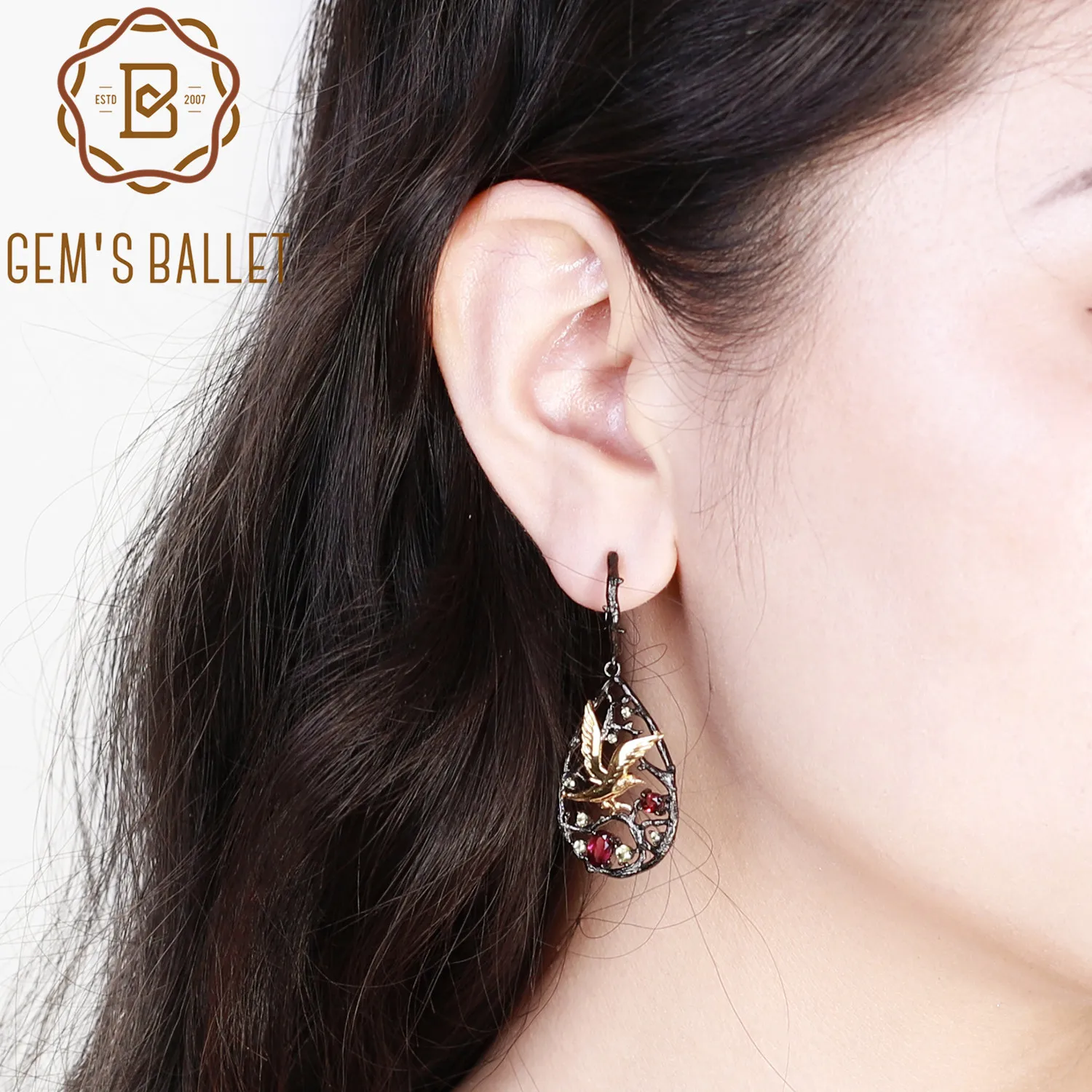 

GEM'S BALLET 925 Sterling Silver Drop Earrings For Women Wedding 1.70Ct Natural Rhodolite Garnet Handmade Bird Branch Earrings