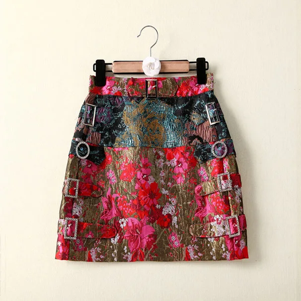 Дизайнерский подиумный уличный модный костюм, женский кружевной топ с длинным рукавом и вышивкой+ винтажная жаккардовая мини-юбка, комплект - Цвет: Skirt