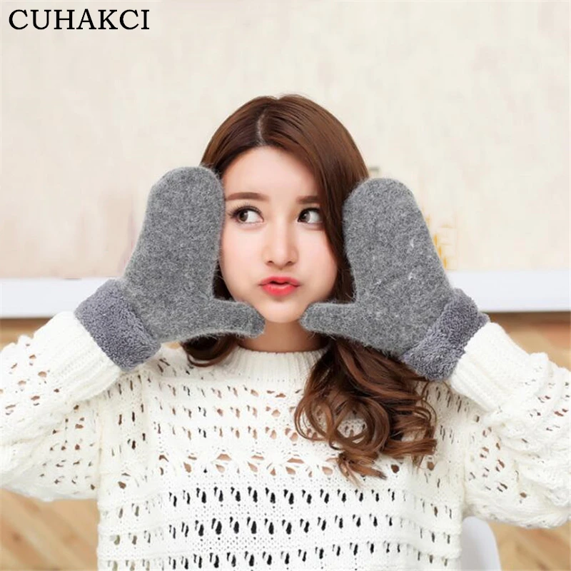 

CUHAKCI Winter Gloves Women Knitted Wool Thicker Cashmere Mittens Velvet Warm Lovely Ladies Fingerless Glove Solid Cute Guantes