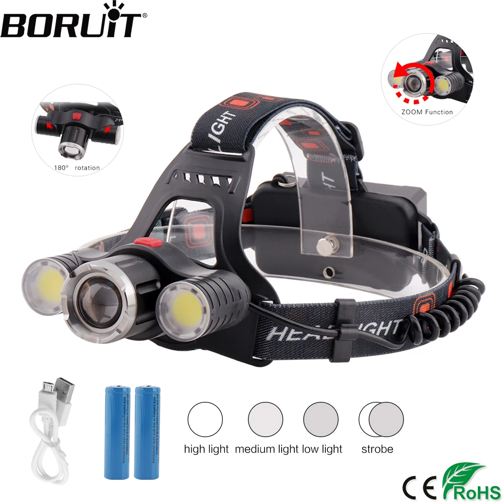 

BORUiT Powerful COB T6 LED Headlamp 4-Mode Zoomable Headlight USB Charger 18650 Battery Head Torch Camping Hunting Flashlight