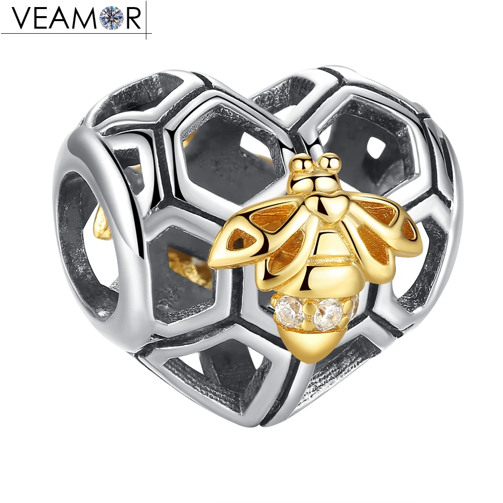 

VEAMOR Honeybee & Honeycomb Charms Fit Original Pandora Charm Bracelets 925 Sterling Silver & Gold Color Queen Bee Heart Beads