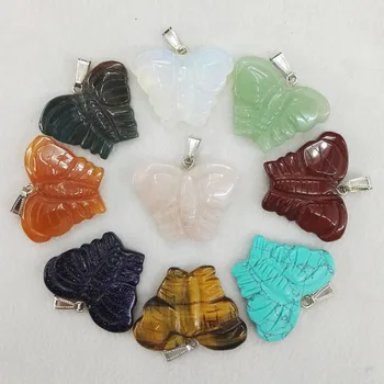 

Wholesale 12pcs/lot natural mixed carving stone pendulums Fashion hot sell charm butterfly pendants fit Necklace jewelry making