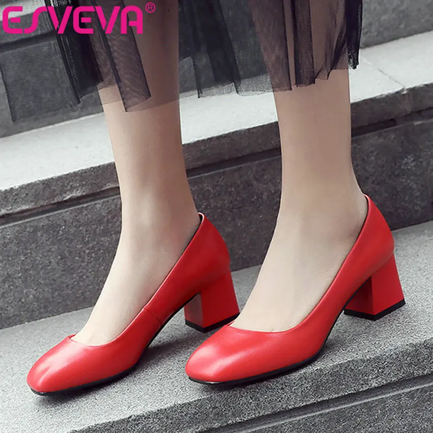 

ESVEVA 2019 Concise Women Pumps Shoes Slip on PU Leather Square Heels Square Toe Sandals Women Shoes Shallow High Heels 34-43