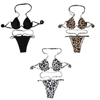 

Womens Sexy Two Piece Bikini Set Halter V-Neck Irregular Underwire Bra Strappy Bandage Thong Retro Boho Leopard Printed Swimsuit
