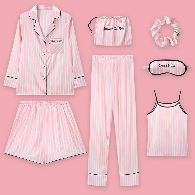 Розовая полосатая Пижама, Шелковый Атласный Женский пижамный комплект, 7 шт., стежка, нижнее белье, халат, пижамные комплекты, женская одежда для сна, домашняя одежда для женщин - Цвет: C19