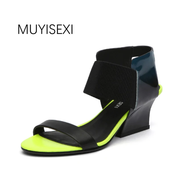 Women Sandals Summer 2018 Mixed Color Genuine Leather Basic Sandals Women with Elastic band High Heels Shoes Woman HL39 MUYISEXI