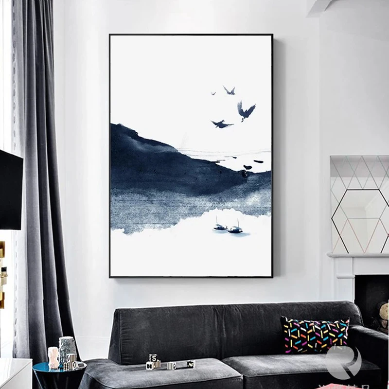 Китайские новые абстрактные картины на холсте с изображением пейзажа синие плакаты Летающие птицы печать настенные художественные картины для украшения гостиной