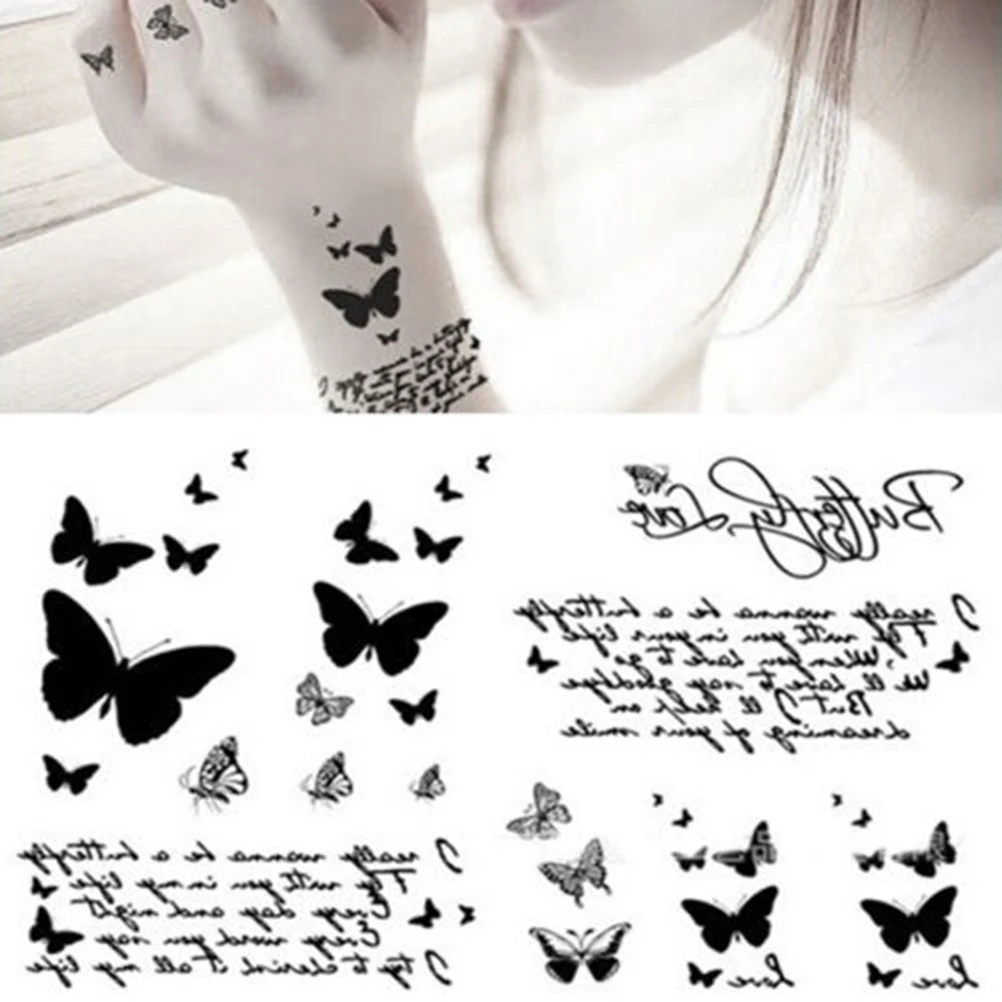 14.5*9.5cm Body Art Disposable Unique Skin Tags Black Butterfly & Letter Transfer Tattoo Temporary Waterproof Tattoos Stickers