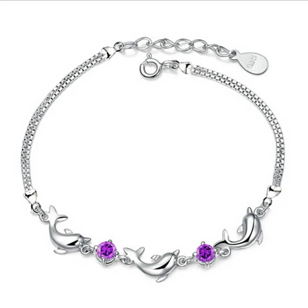 

2018 Fashion Style 1 Pcs New Design Natural Crystal Silver Color Bracelets Dolphin Chains Bangles For Women 2 colors Gifts