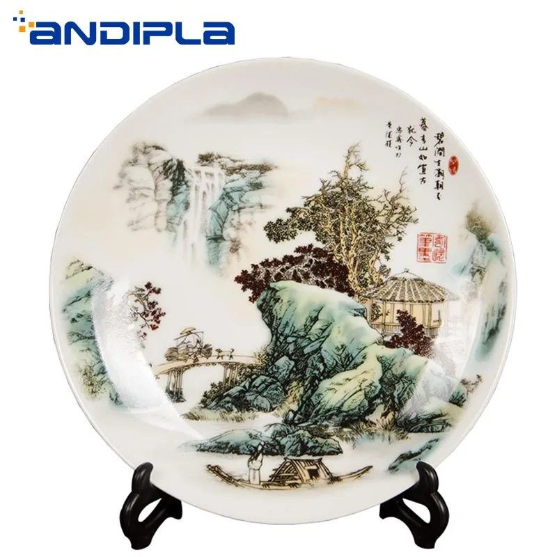 Jingdezhen Ceramic Porcelain Crafts Landscape Pattern Dinner Plates Desktop Ornaments Display Round Dish Office Home Decoration | Дом и сад