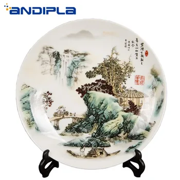 

Jingdezhen Ceramic Porcelain Crafts Landscape Pattern Dinner Plates Desktop Ornaments Display Round Dish Office Home Decoration