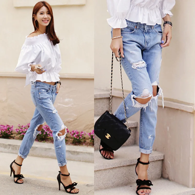 

new women street style fashion jeans large hole denim trousers Slim thin pants leisure female loose wild denim jeans woman pants