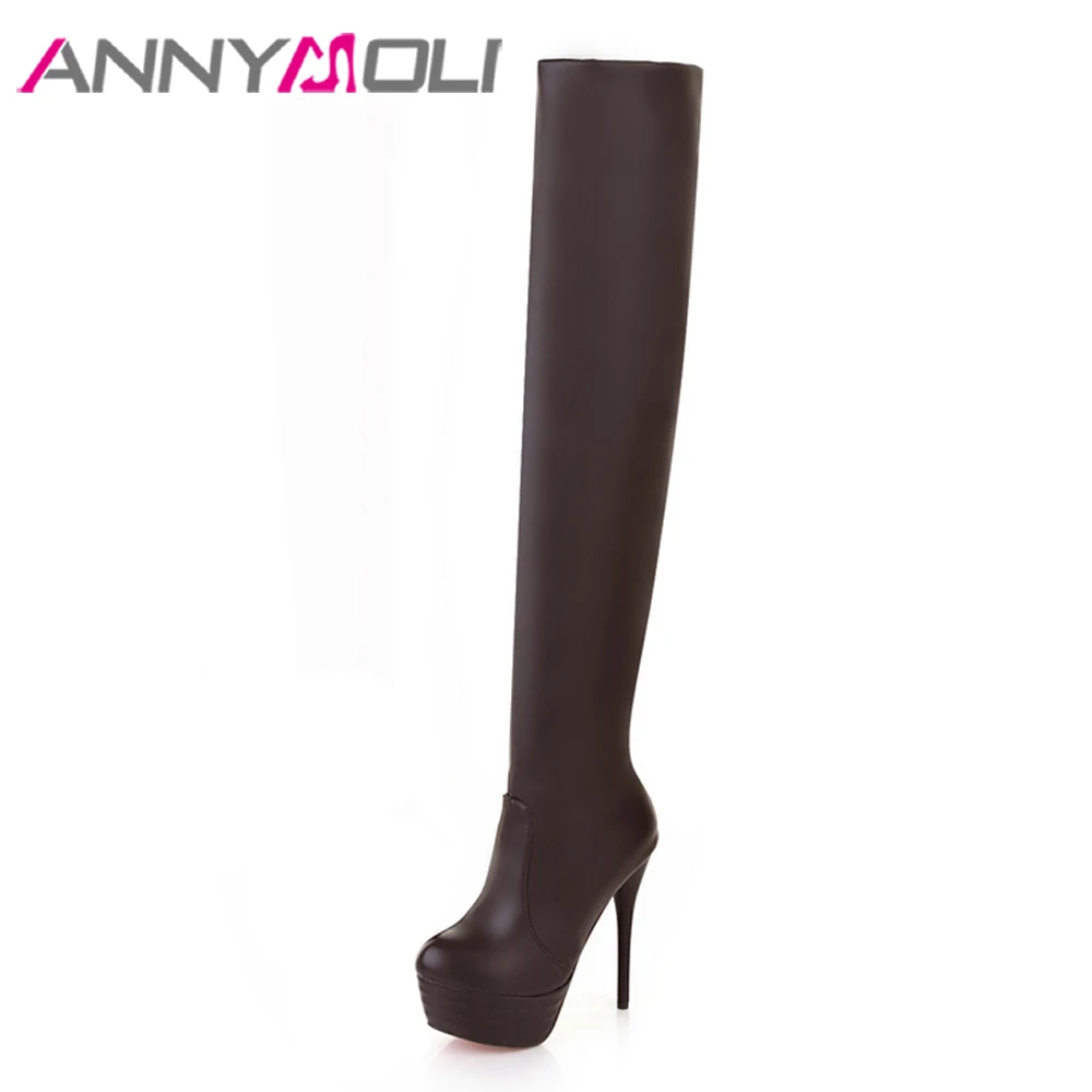 

ANNYMOLI Women Shoes Winter Thigh High Boots Sexy Super High Heel Over the Knee Boots Platform Thin Heel Tall Boots Plus Size 43