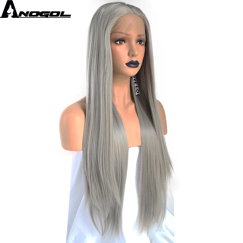 

Anogol High Temperature Fiber Perruque Peruca 360 Frontal Sliver Grey Long Straight Synthetic Lace Front Wig For Women Costume