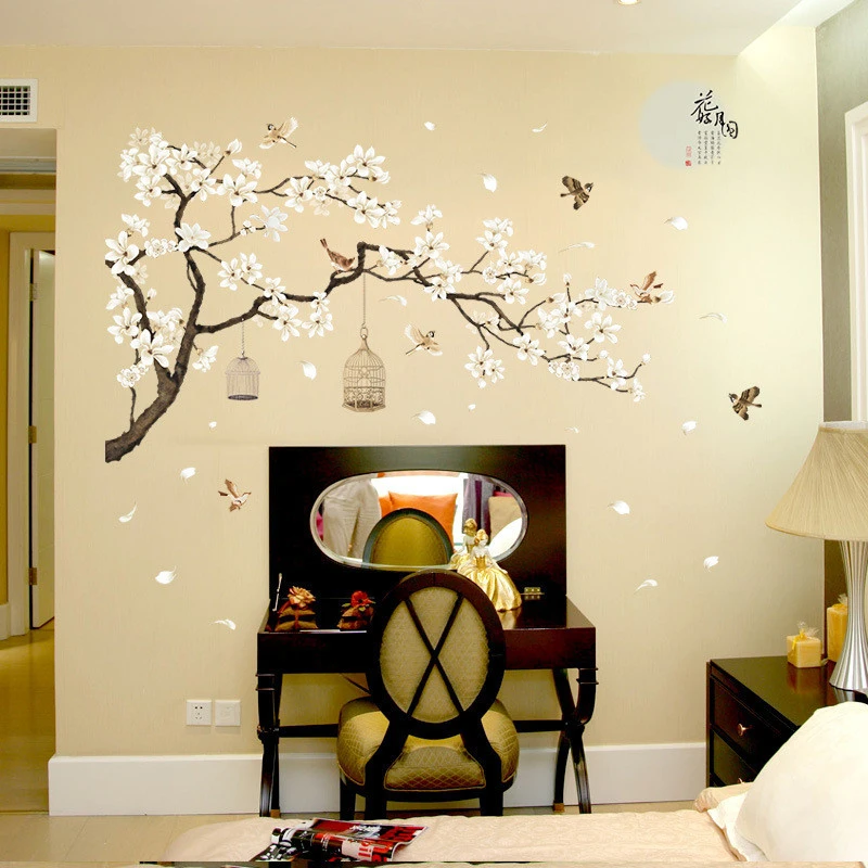 Большие размеры дерево наклейки на стену с изображением птиц цветок обои для домашнего декора для гостиной спальни DIY виниловые комнаты украшения