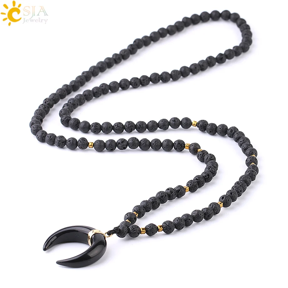 

CSJA 6mm Natural Lava Stone Necklace Black Volcanic Rock Rope Chain Half Moon Pendant Healing Long Necklaces for Men Women F805