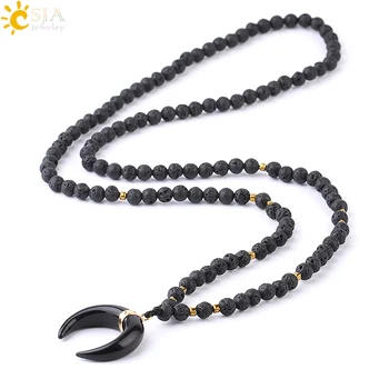 

CSJA 6mm Natural Lava Stone Necklace Black Volcanic Rock Rope Chain Half Moon Pendant Healing Long Necklaces for Men Women F805