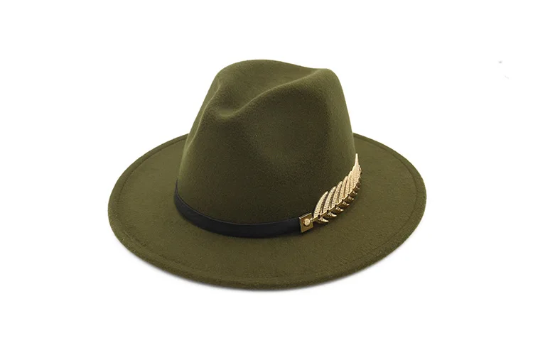 QBHAT Trend Men Women Wool Felt Panama Hat Fedora Caps with Metal Leaves Leather Band Jazz Trilby cap white green yellow hats felt fedora hat