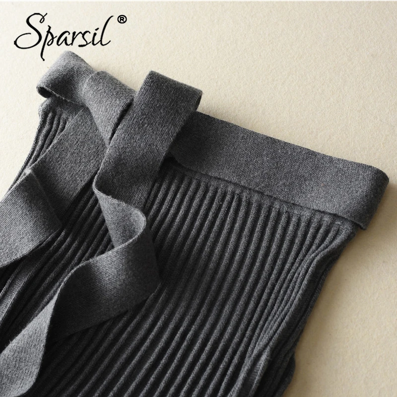 Sparsil, Женская Зимняя шерстяная вязанная длинная юбка, плиссированная, одноцветная, с бантом, с поясом, офисная, для девушек, трапециевидная, черная, серая, женская вязаная юбка