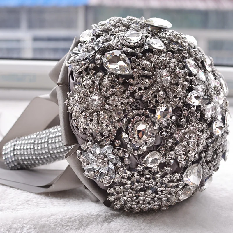 

Eternal Angel 2018 new Bridal bouquet wedding hold artifical flowers full of crystals with silk ribbon GREY AND IVORY COLOR