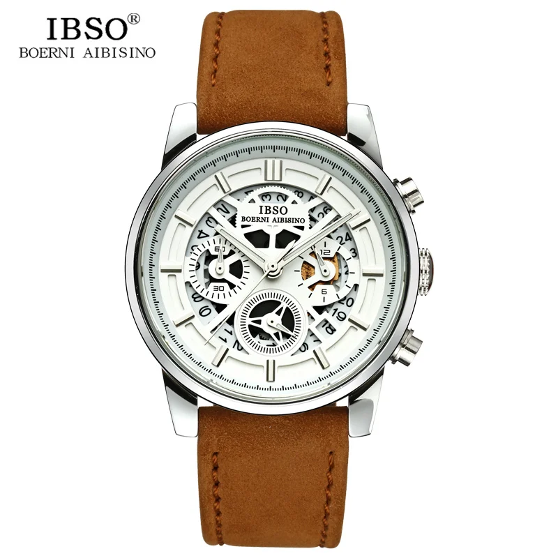 

IBSO New Hollow Design Mens Watches 2019 Calendar Stopwatch Sports Quartz Watch Men Genuine Leather Strap Relogio Masculino