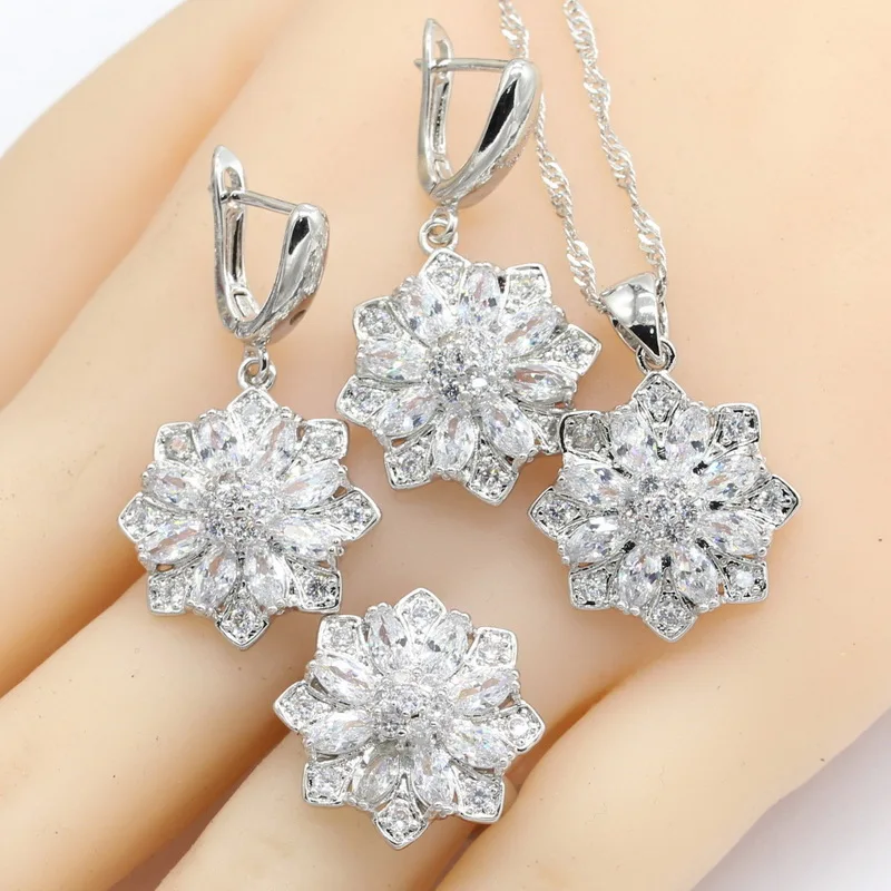 Серебряные Ювелирные наборы для женщин в форме цветка белые полудрагоценные серьги браслет кольца ожерелье кулон Рождественский подарок