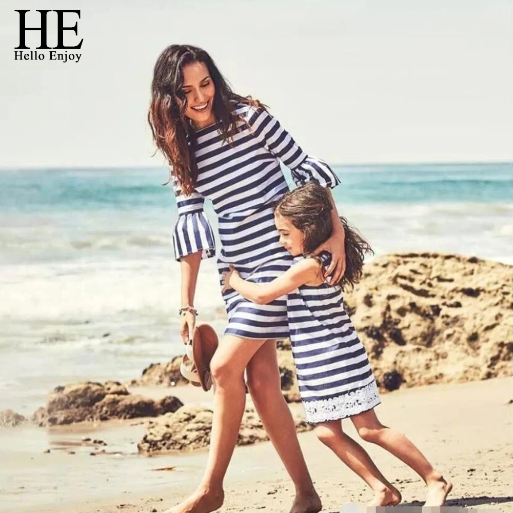 HE Hello Enjoy/платья для мамы и дочки, новинка 2019 года, летнее зеленое пляжное платье без рукавов, платье для мамы и дочки, Семейные комплекты