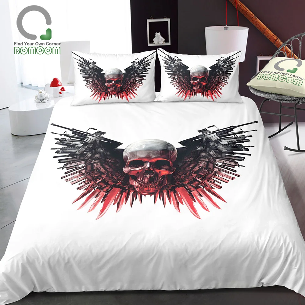 

BOMCOM 3D Digital Printing Skull Duvet Cover Skull with Swords and Guns Bedding Set100% Microfiber White