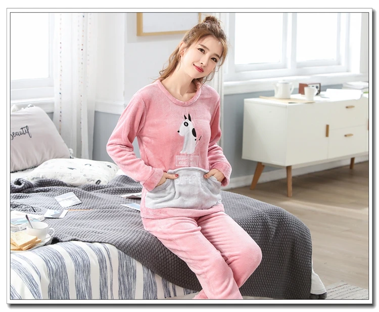 Зимние для пар фланелевые теплые пижамные комплекты для женщин с ...