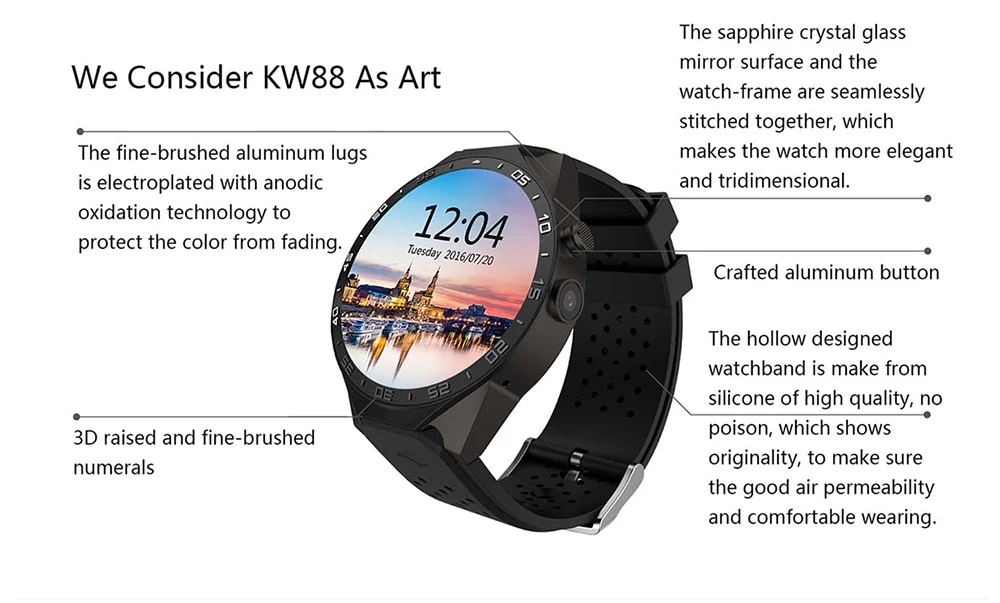 KingWear KW88 Android 5,1 1,39 дюймов Amoled экран 3g Smartwatch телефон 4 ядра 512 Мб оперативная память Гб встроенная gps тяжести сенсор шагомер