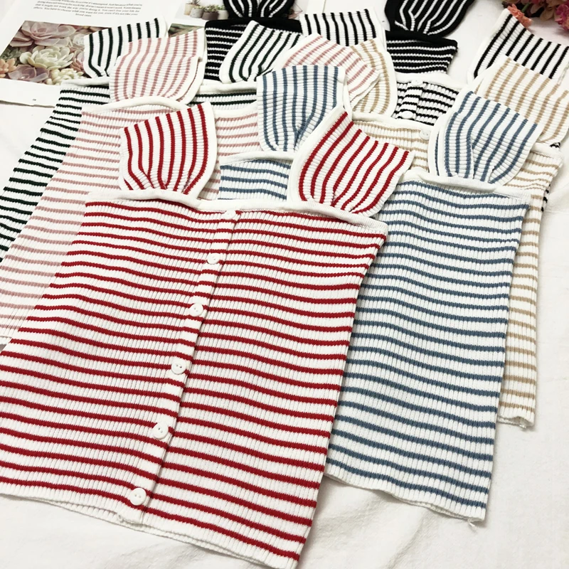 

Girls Knitted Buttons Striped Chic Camis Short Tops Sleeveless Shirts Female Stretchy Camisoles Tanks Crop Tops For Women