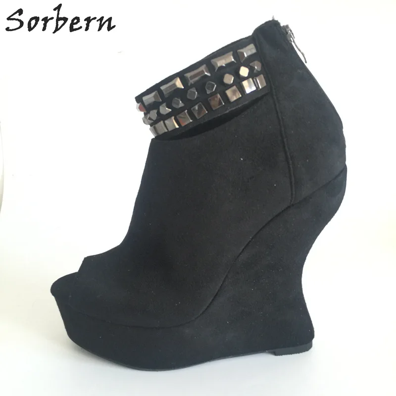 

Sorbern Strange Heels Wedges Peep Toe Women Pump High Heels Custom Colors Ankle Strap Rivets Thick Platforms 2018 Plus Size 44