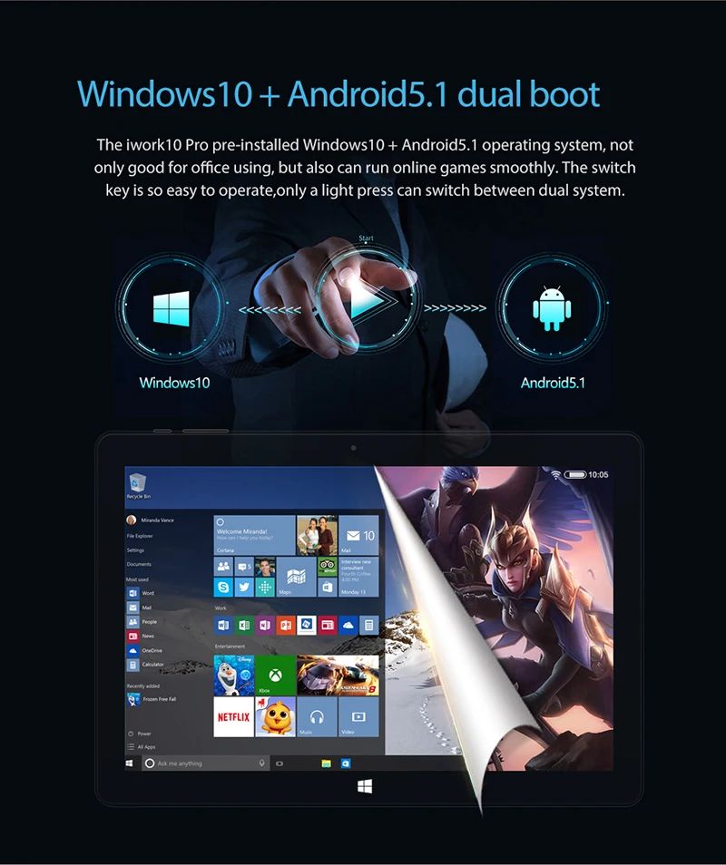 Excellent ALLDOCUBE 10.1" iwork10 Pro  Windows10+Android5.1 Intel Atom x5-Z8350 4GB RAM 64GB ROM Tablet PC HDMI Dock Keyboard IPS1920*1200 3