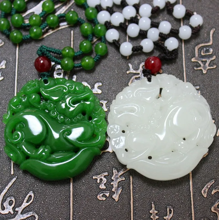 

New Fashion White Green Hetian Jades Pendant Handmade Carved Pixiu Lucky Women Men's Amulet Jewelry Pendant+Beads Necklace
