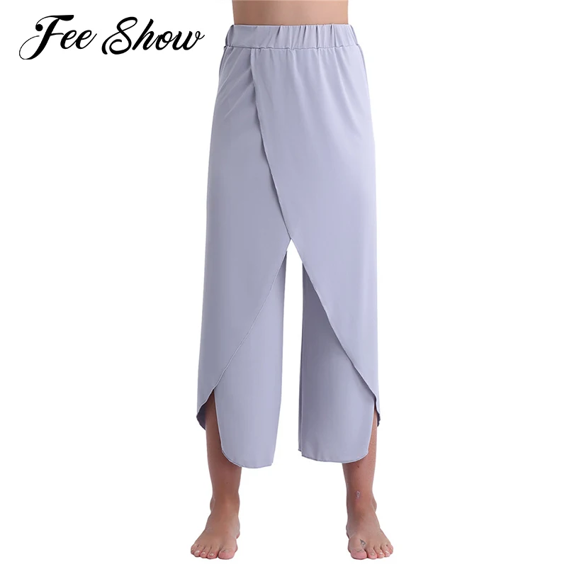 Women's Casual Comfy High Split Layered Wide Leg Pants Flowy Cropped