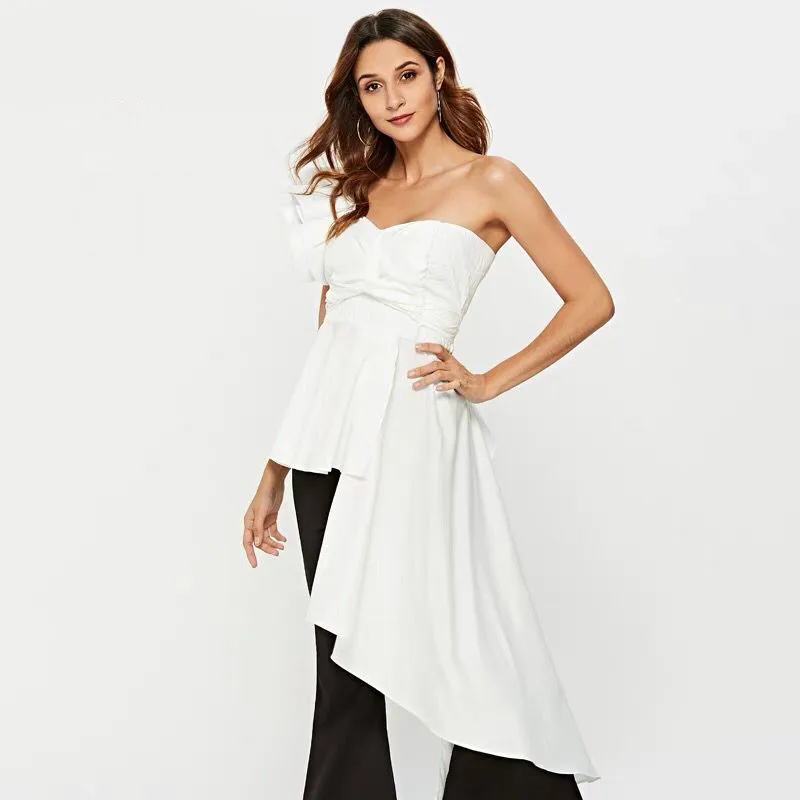 

Runway Women's Blouses Sexy One Shoulder Off Luxury Ruffles Streetwear Irregular Shirts High End Female Party Long Top Clothing