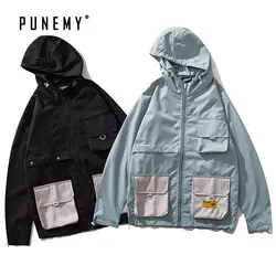 Мужские куртки пальто ветровка с капюшоном Японская уличная хип хоп Харадзюку мульти-карманы молния оверсайз Мужская Рабочая куртка