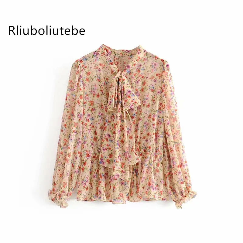 

chiffon floral print blouse women bow neck long sleeve ruffles peplum floral shirt casual autumn new womens tops and blouses