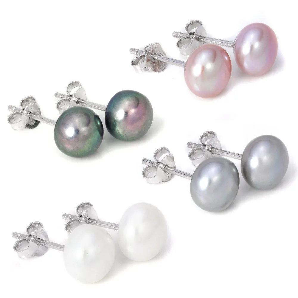 

hot 925 Sterling Silver 8-8.5mm Real Freshwater Pearl white Grey Black purple Natural stud Earrings for 1 pair