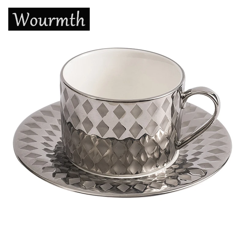 

Wourmth Creative Ceramic Coffee Cup Metal Titanium Silver Gold Color Cafe Cup And Saucer Simple Afternoon Teacup Luxury Gifts