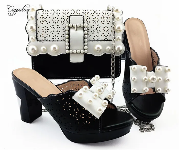 

Popular black and white African high heel shoes and handbag set with pearl for party YM008 heel height 10cm