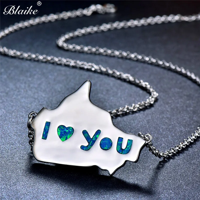 Blaike Statement Blue/White Fire Opal Canada Map Pendant Necklace For Women Dainty Silver Color Christmas Gifts | Украшения и