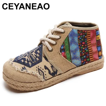 

CEYANEAO Embroider Shoes Women Ankle Boots Flat Autumn Shoes 2019 Comfortable Lace-Up Old Beijing Cloth Shoes Flats BotasE1410